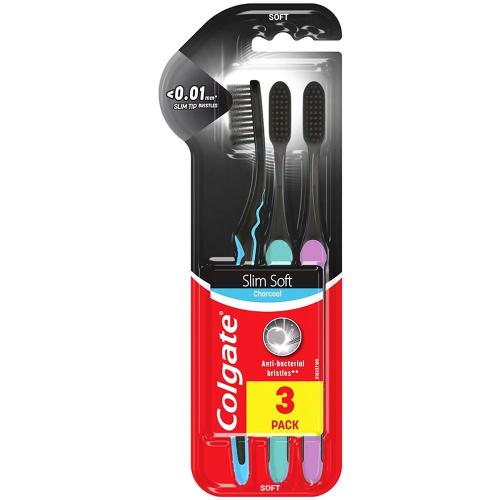 Colgate Slim Soft Charcoal Soft Toothbrush <0.01mm Μαλακή Οδοντόβουρτσα με Ίνες Εμπλουτισμένες με Άνθρακα για Βαθύ Καθαρισμό 3 Τεμάχια